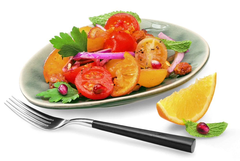 Tomate, Orange, Granatapfel Tomate, Orange, Granatapfel