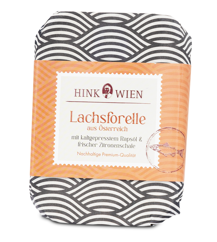 Lachsforelle parfümiert mit frischer Zitronenschale in der Dose Lachsforelle parfümiert mit frischer Zitronenschale in der Dose