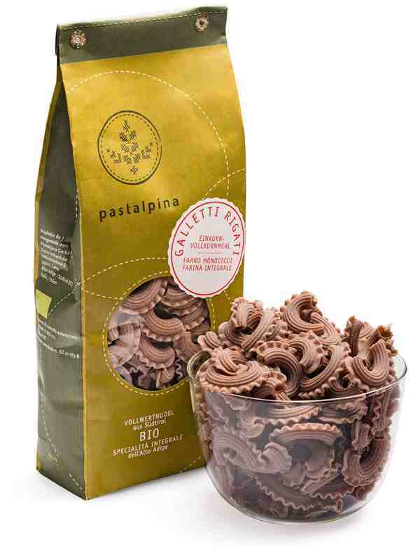 Galletti Rigati aus Bio-Einkornvollkornmehl, frisch vermahlen, Südtirol Galletti Rigati aus Bio-Einkornvollkornmehl, frisch vermahlen, Südtirol