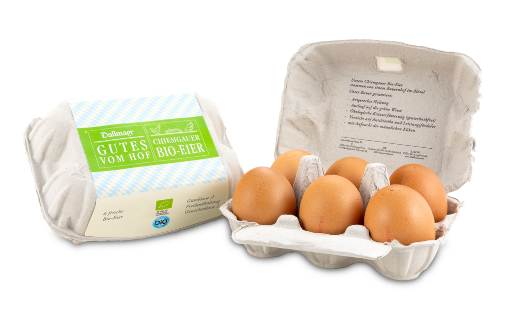 6 frische Chiemgauer Bio-Eier, Güteklasse A Gewichtsklasse L 6 frische Chiemgauer Bio-Eier, Güteklasse A Gewichtsklasse L