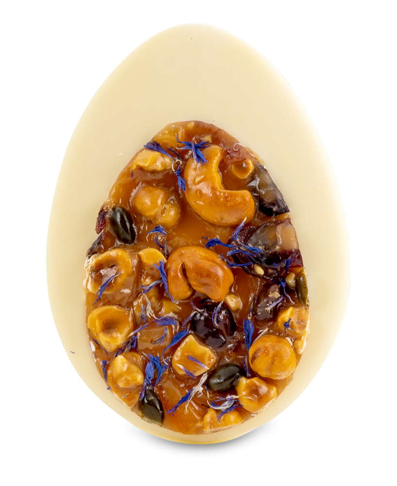 Weißes Schokoladen-Ei mit Florentiner Dallmayr Weißes Schokoladen-Ei mit Florentiner Dallmayr