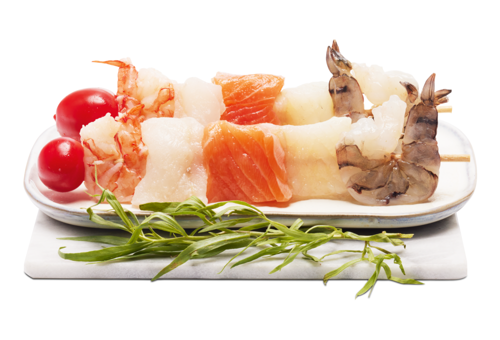Fischspieß Edelfisch, Garnele, Tomate Fischspieß Edelfisch, Garnele, Tomate