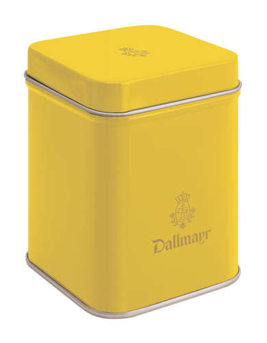Teedose leer, gelb Dallmayr Logo, Inhalt 50g Teedose leer, gelb Dallmayr Logo, Inhalt 50g
