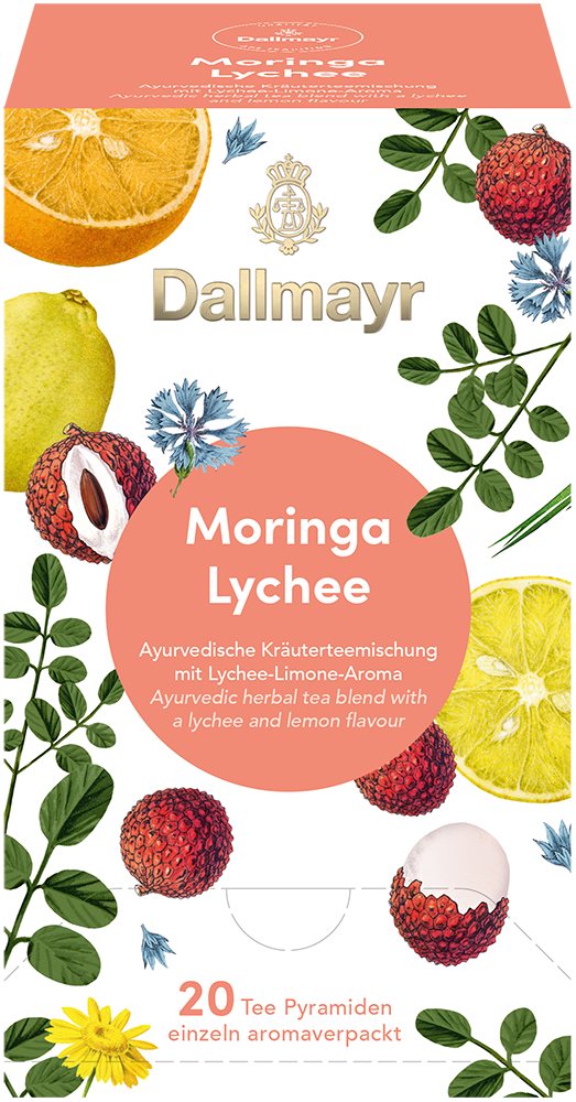 Moringa Lychee
 Ayurvedische Kräuterteemischung mit Zitrus-Lychee-Aroma 
