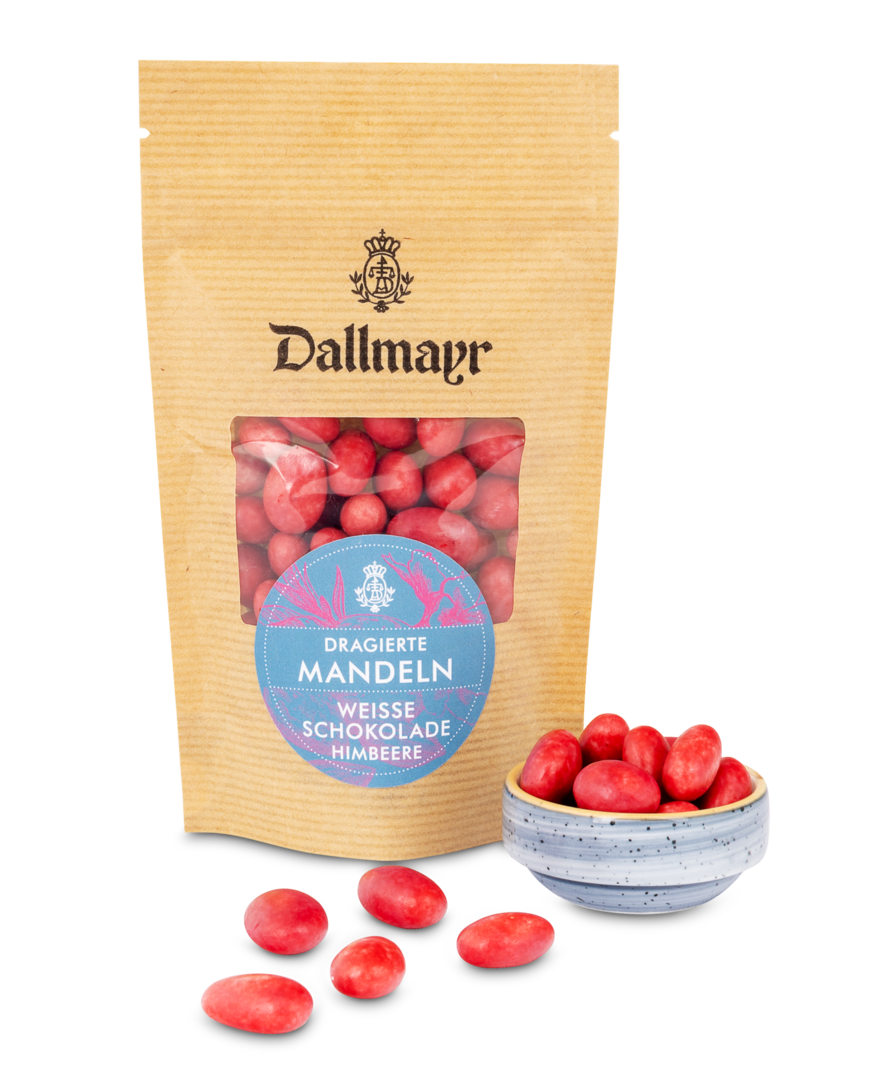 Dragierte Mandeln in weißer Schokolade und Himbeere 
 Dallmayr